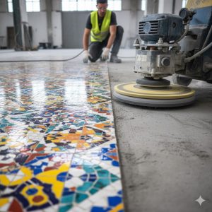 Yenilenmiş ve parlatılmış mermer zemin yüzeyi