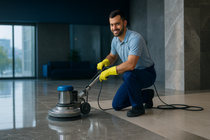 Granit silim ve parlatma sonrası elde edilen ayna gibi parlak granit zemin